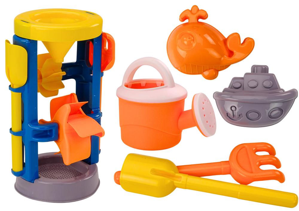 LEAN Toys Sandspielzeug, große Mühle, Spachtel, Rechen, Gießkanne, Formen