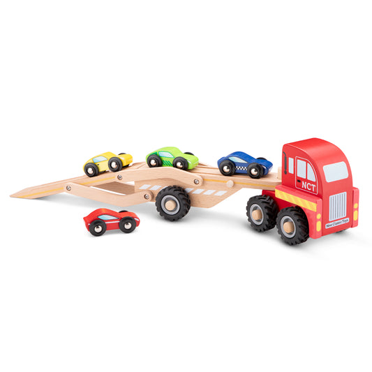 New Classic Toys Autotransporter aus Holz Abschleppwagen mit 4 Autos aus Holz