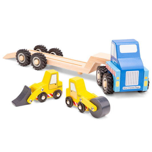New Classic Toys Autotransporter aus Holz mit Radlader Walze Abschleppwagen Transporter