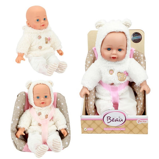 Toi-Toys Babypuppe in Bären-Jacke und Kindersitz 33cm