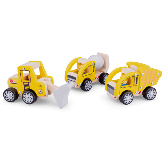 New Classic Toys Baufahrzeuge aus Holz 3 Fahrzeuge Betonmischer Radlader und LKW-Kipper