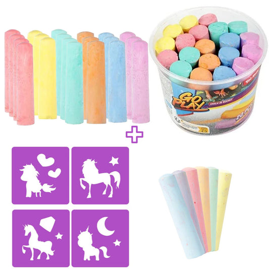 Toi-Toys Strassenmalkreide 20 Kreide im Eimer mit Einhorn Schablonen 6 Kreide