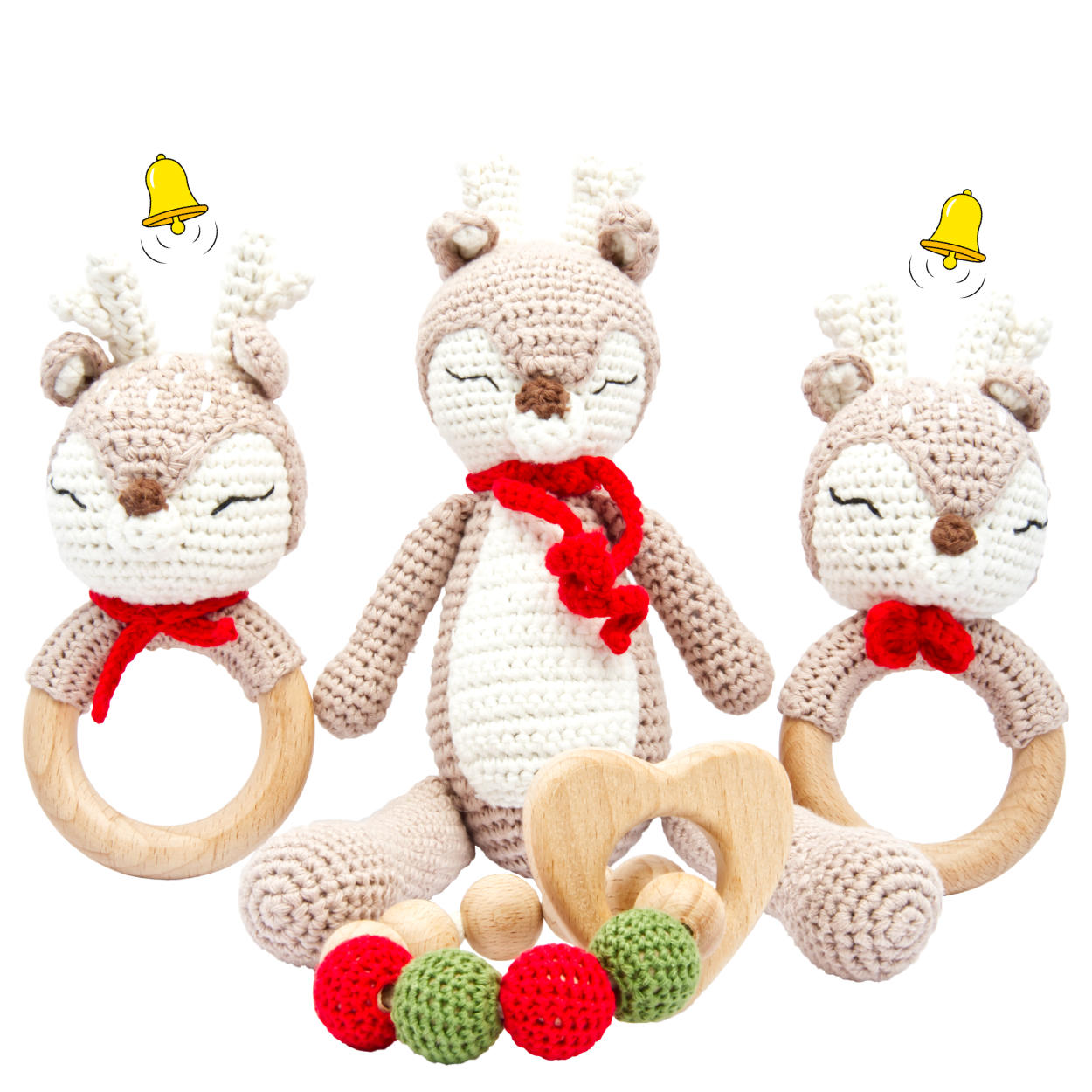 miniHeld Handgestrickter Reh Ivy Set Babyrassel Holzspielzeug und Baumwolle
