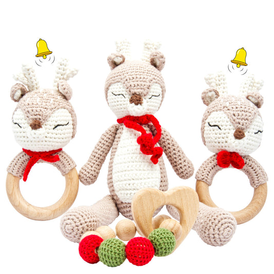 miniHeld Handgestrickter Reh Ivy Set Babyrassel Holzspielzeug und Baumwolle