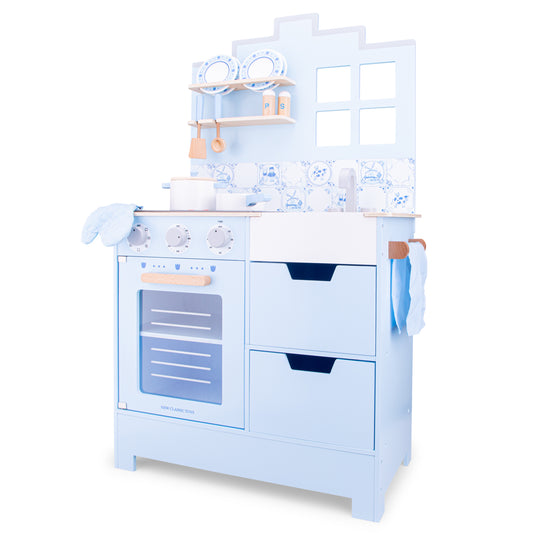 New Classic Toys Küchenzeile Kinderküche aus Holz Delfter Blau Holzküche Holzspielzeug