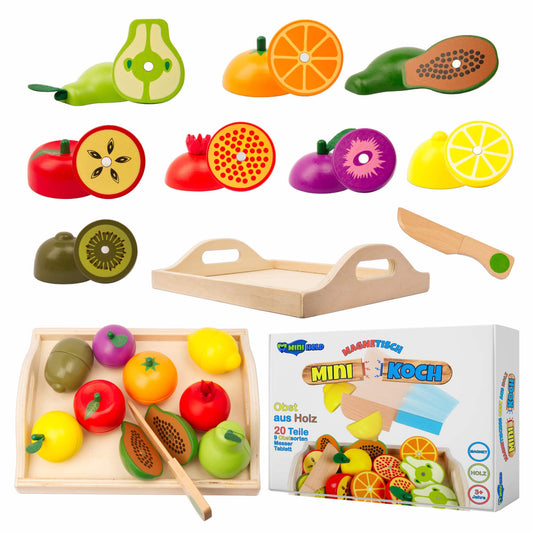 miniHeld Kinderküche Zubehör Spielküche Obst Schneiden Holz Kaufladen Set