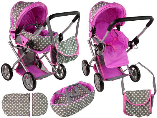 Alice 2-in-1-Kinderwagen mit Tasche Grau Rosa Sterne