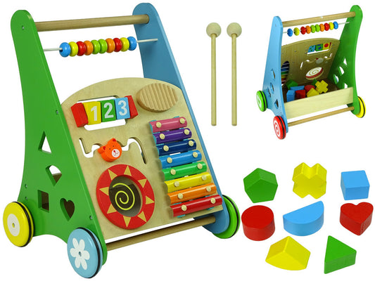 LEAN Toys Bunter Kinderwagen aus Holz Geometrische Figuren Hackbrett Perlen