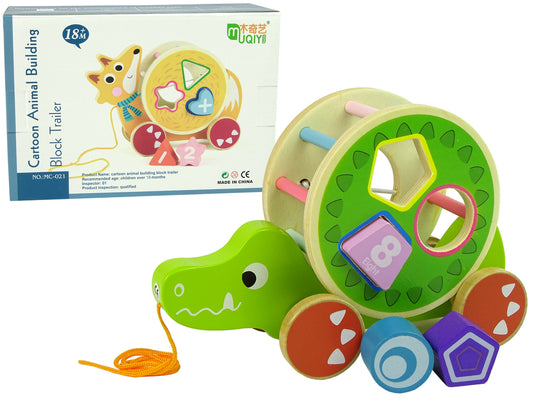 LEAN Toys Crocodile Pull-On Wheels Holzklotz-Sortierer