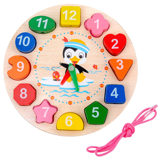 LEAN TOYS Wooden Montessori Educational Clock Learning the Hours Threading Blocks