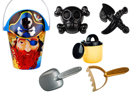 LEAN Toys Piraten-Sand-Set, Eimer, Gießkanne, Sieb, 6-teilig.