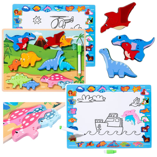 LEAN Toys Puzzlebrett 2in1 Holz Lernmarker Dinosaurier 12Stk