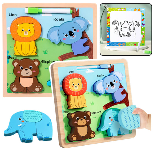 LEAN TOYS Puzzlebrett 2in1 aus Holz, pädagogischer Wildtiermarker