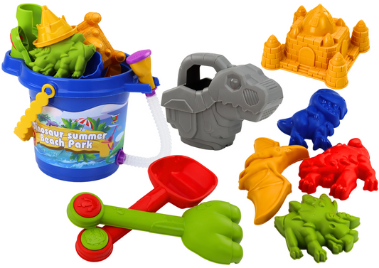 LEAN Toys Sandeimer-Set mit Dusche, Spachtel, Rechen, Formen, Dinosaurier