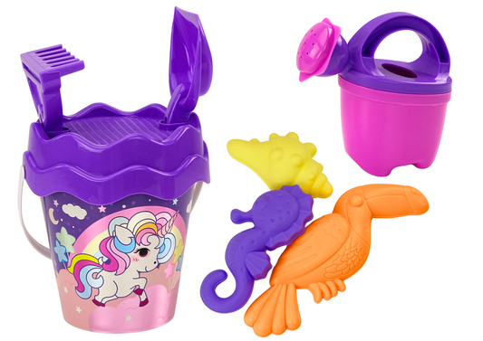 LEAN Toys Sandset, Eimer, Schaufel, Rechen, Gießkanne, lila Einhorn
