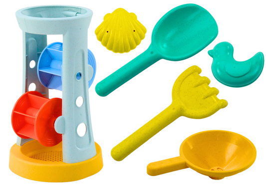 LEAN Toys Ein Set Sandspielzeug, eine Mühle, ein Rechen, ein Spatel, Formen