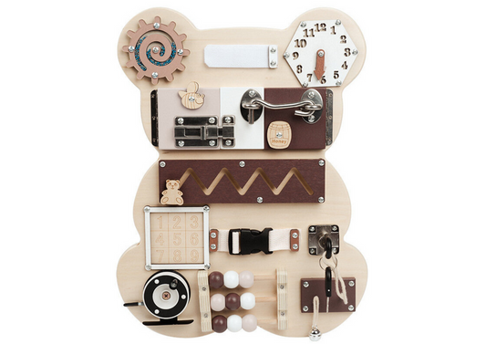 LEAN Toys Sensorisches Manipulationsbrett Teddybär aus Holz 14 El