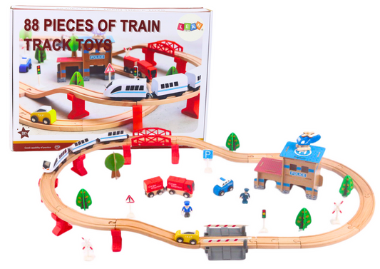 LEAN Toys Set Eisenbahnschienen Holzwaggons Gebäude 88 Stück