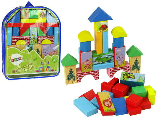 LEAN Toys Set aus Holzbausteinen mit Tierschloss im Rucksack