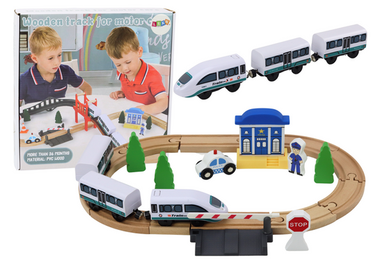 LEAN Toys Hölzernes Eisenbahngleis, Zuggleise, Zubehör, Brücke, Polizei, 3,2 m