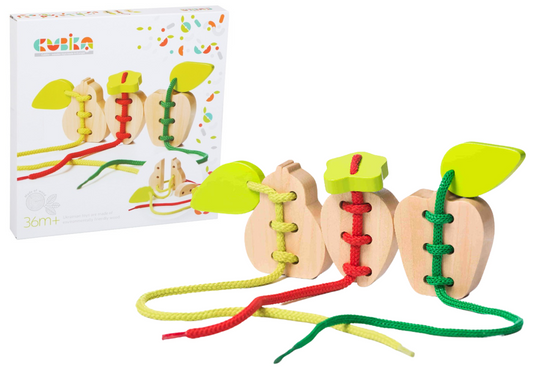 LEAN Toys Schnurspielzeug aus Holz Obst Birne Apfel Erdbeere 14811